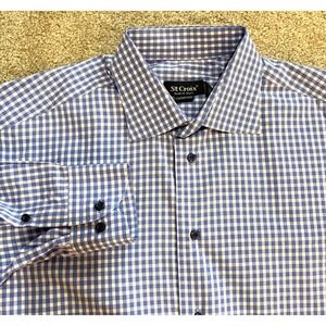 St. Croix Mens Dress Shirt Made in Italy Large Blue Check Cotton Long Sleeve EUC